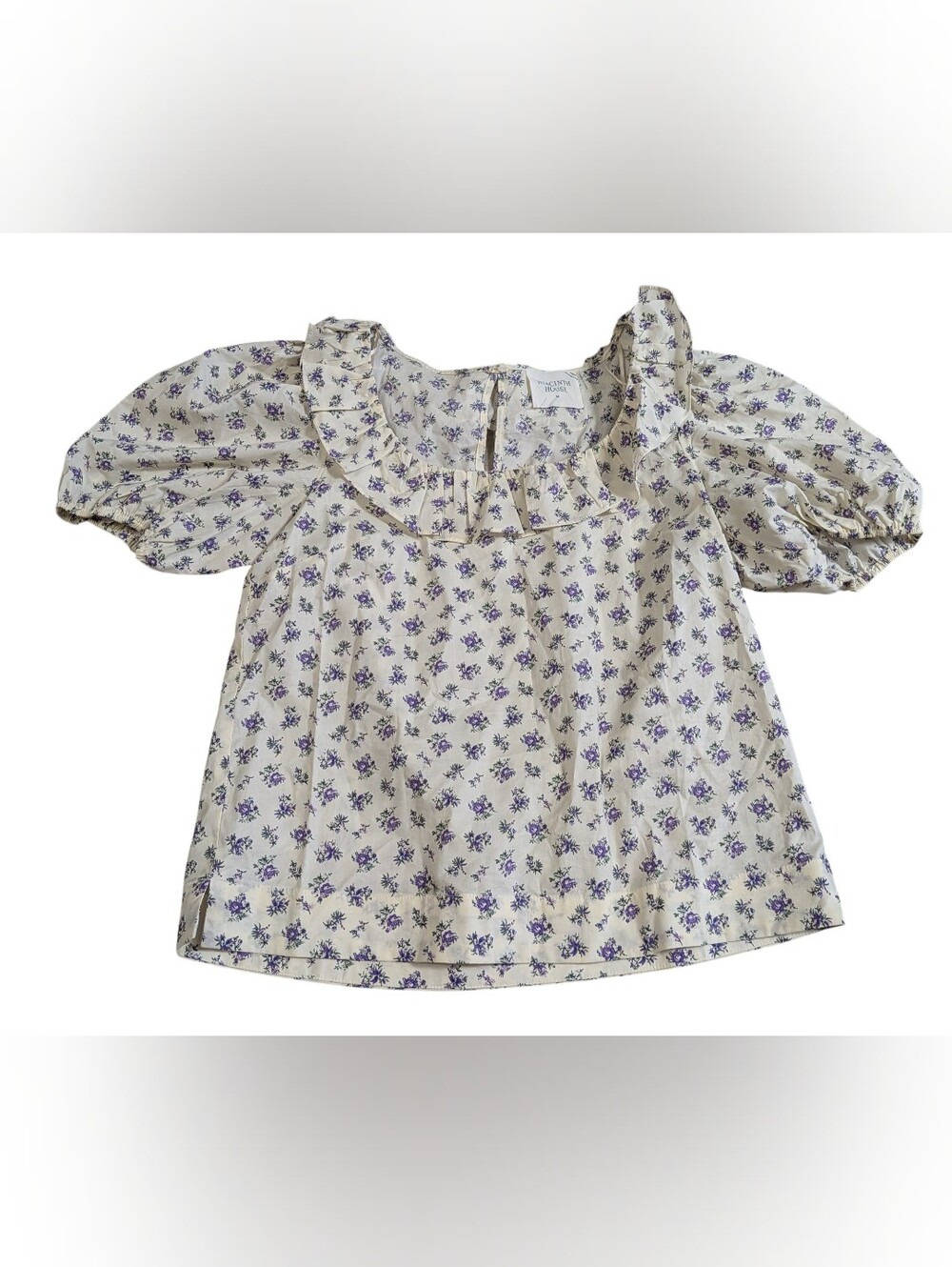 Hyacinth House Beige Floral Cotton Puff Sleeve Ruffle Women's Top Size M